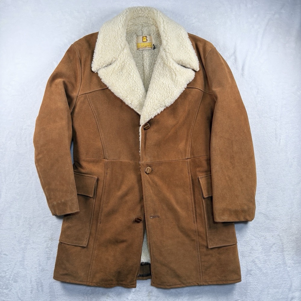 Vtg 80s Bermans Genuine Sheepskin Suede Shearling Fur Coat Men 40R Ranch Western